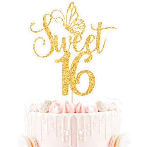 Calarjeta Sweet 16 Cake Topper, Happy 16th Birthday Cake Topper, Happy Sweet Sixteen Cake Decorations, 16th Birthday Party Decorations (Gold Glitter)