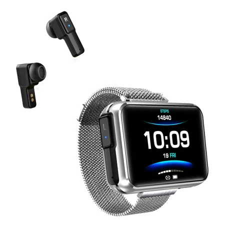 Tuanzi T91 Smart Bracelet 2 in 1 Smart Watch TWS Wireless Bluetooth Headset 1.4 Inch IPS Screen Heart Rate Blood Pressure Fitness Tracker Earbuds Combo Running Music Wristband (Silver Steel)