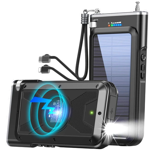 BLAVOR Solar Charger Power Bank 20000mAh, PD 15W QC3.0 Fast Charging Wireless Charger Powerbank with FM Radio, Camping Light, 5 Outputs Built-in 2 Cables for All Phone, USB-C Devices(Black)
