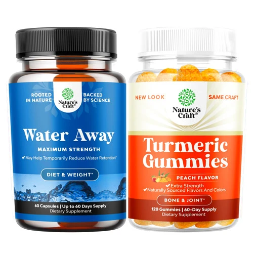 Huntington Labs Bundle of Water Away Pills Maximum Strength for Water Retention for Fast Acting Bloating Relief and Turmeric Gummies for Adults Peach Flavor - Extra Strength Joint Support Gummies