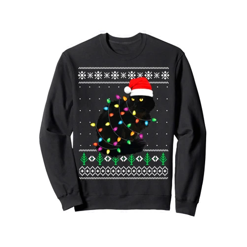 Christmas Ugly Sweaters Co. Black Cat Christmas Ugly Sweater Funny Santa Cat Sweatshirt