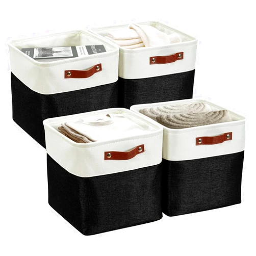 DECOMOMO Cube Storage Bin | Cube Storage Organizer Bins 11x11 Decorative Fabric Square Storage Cubes Foldable Box for Shelf Closet Kids Cloth Bathroom (Black and White, Cube - 4 Pack)