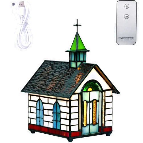Bieye L10675 Christian Church Tiffany Style Stained Glass Accent Table Lamp with LED Light Inside, 8