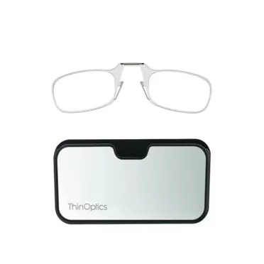 ThinOptics Universal Pod Case and Readers Rectangular Reading Glasses Silver Black Metal Pod With Clear Freames 44.45 Millimeters 1.5 Diopters