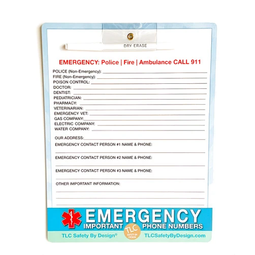 TLC Safety By Design Emergency Contact Numbers List Magnetic Dry Erase for Refrigerator - 8.5” x 11” with Marker for Family Fridge (Qty. 1)