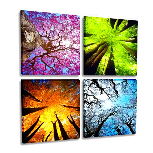 MESESE Art 4 Panels Canvas Wall Art Spring Summer Autumn Winter Four Seasons Landscape Color Tree Painting Picture Prints Modern Giclee Artwork Stretched and Framed for Living Room Home Decoration