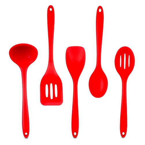 BangShou 5Pack Cookware Set, Silicone Kitchenware Set, Food Grade Silicone Kitchen Gadgets, 446°F (230°C), with Silicone Spoon, Spatula, Spoon, Slotted Turner, Slotted Spoon - (Red 5Pack)