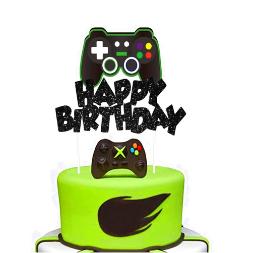 MOAXMOA Video Game Cake Topper Glitter Game Controller Happy Birthday Cake Topper Cake Decorations Picks for Kids Gaming Themed Birthday Party Supplies