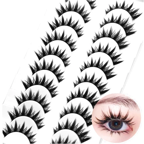 Geeneiya Manga Cosplay Lashes Manhua Anime Eyelashes Natural Look Thick Cat Eye Lashes Look Like Individual False Lashes Pack, 10 Pairs