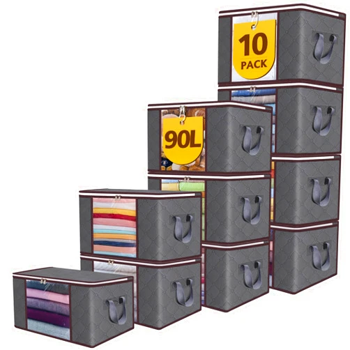 RA RUNNING ALIEN 90L Large Storage Bags,10 Pack Foldable Clothes Storage Bins with Zipper and Lids Closet Organizers Storage Containers Durable Handle Thick Fabric For Bedding,Clothing, Blanket, Pillows and Toys(Gray)