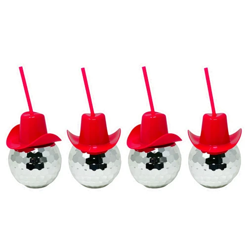 Bolaras Silver Disco Ball Cups with Pink Cowgirl Hat Lids, Straws, and Name Tags | 20oz | Set of 4 | Cocktail Cups for Bachelorette Party