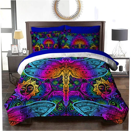 BlessLiving 8-Piece Dragonfly Comforter Full Paisley Comforter Set Bed in A Bag Neon Rainbow Pink Purple - 1 Comforter, 2 Pillow Shams, 1 Flat Sheet, 1 Fitted Sheet, 1 Cushion Cover, 2 Pillowcases