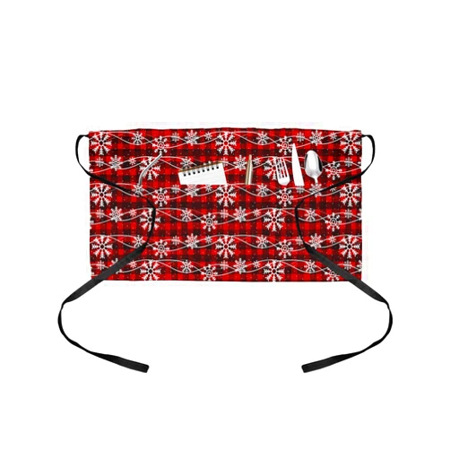 DecorLovee Christmas Snowflake Waitress Apron with 3 Pockets, Red Black Plaid Xmas White Snowflake Server Aprons Waterproof Kitchen Restaurant Half Waist Apron for Men Women