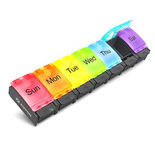 AUVON Weekly Pill Organizer Arthritis Friendly, BPA Free Travel 7 Day Pill Box Case with Spring Open Design and Large Compartment to Hold Vitamins, Cod Liver Oil, Supplements and Medication