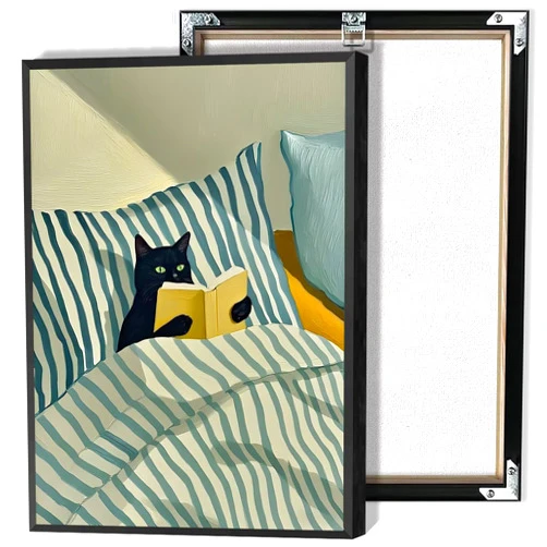 Generic Black Cat Reading Book Wall Art Modern Cute Pet Lovers Canvas Prints Decor Vintage Trendy Animal Poster Painting Funny Minimalist Aesthetic Picture for Bedroom Living Room 16x24inch Wrapped Framed