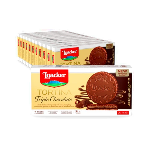 Loacker Tortina Triple Chocolate - Individually Wrapped Premium Dark Chocolate Enrobed Crispy Cocoa Wafer Tartlets with Cocoa Cream Filling - Pack of 12