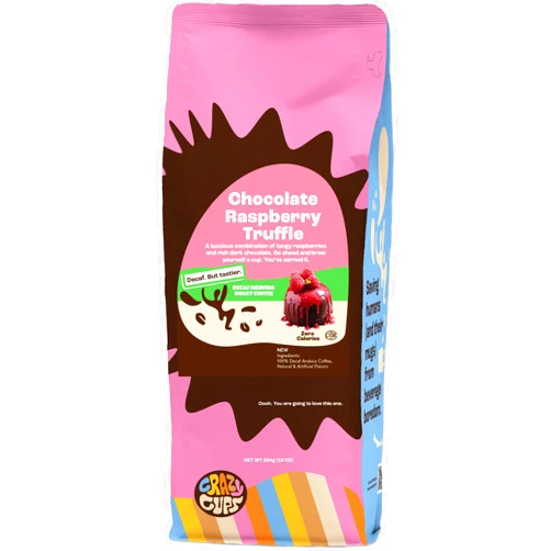 Crazy Cups Flavored Ground Decaf Chocolate Coffee, Decaffeinated Chocolate Raspberry Coffee in 10 oz Bag, For Brewing Flavored Hot or Iced Coffee, (Pack of 1)