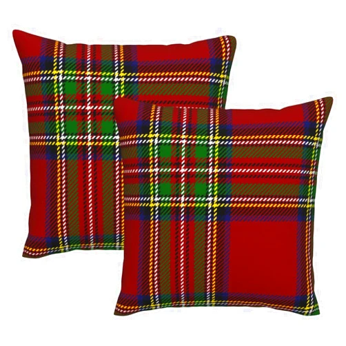 HCLXBY Red and Green Christmas Plaid Throw Pillow Covers 18x18 Inch Set of 2, Scottish Tartan Plaid Decorative Pillow Cases, Rustic Farmhouse Square Soft Linen Cushion Covers for Holiday Couch Sofa Bed Decor