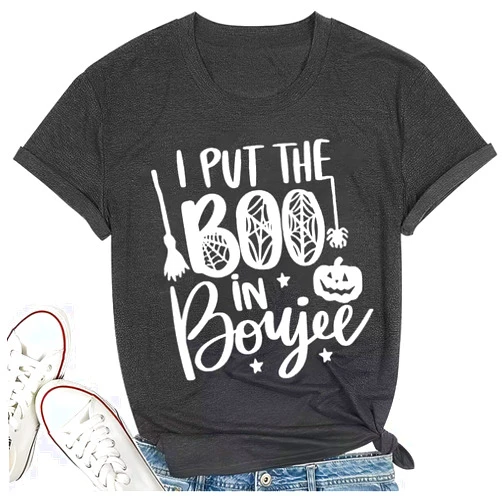 Dapiaoliang I Put The Boo in Boujee Women Funny Letter Print Halloween Shirts Classic Round Neck Casual Loose Fit Short Sleeve Tops