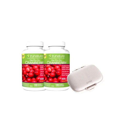 KPAK Tru Nature Cranberry 650 mg, 140 Vegetarian Capsules (2 Pack, 280 total), with 8 compartment pill box.