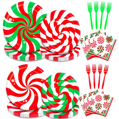 Kepeel 96Pcs Christmas Peppermint Candy Party Plates and Napkins, Winter Holiday Christmas Party Decorations Supplies Red Green Sweets Birthday Baby Shower Party Disposable Dinnerware Set, Serves 24