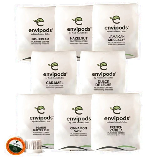 Fresh Roasted Coffee, Flavored Compostable envipods Variety Pack, Kosher, 96 Count, for Keurig K Cup Brewers | Not for use in Ninja or Hamilton Beach Brewers
