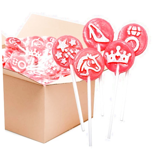 FUNTASTY Princess Flat Pink Lollipops Icing Tattoo Raspberry Hard Candy, Bulk 2 Pounds (110 Count) - Individually Wrapped