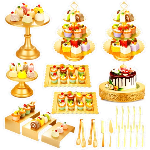 Audab Metal Gold Dessert Table Display Set Including Cake Stands, Cupcake Tower Stand, Dessert Tray, Risers Stands, Cake Cutting Set and Serving Tongs for Wedding, Birthday Party Decor