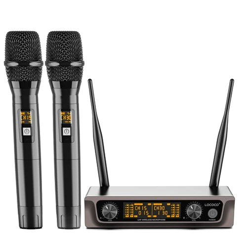 Lococo Wireless Handheld Microphone Karaoke System: Professional UHF Metal Dual Cordless Dynamic Mic Set - Long Transmission Range 200ft with Receiver for Home KTV, DJ Party, Church, Wedding, Meeting