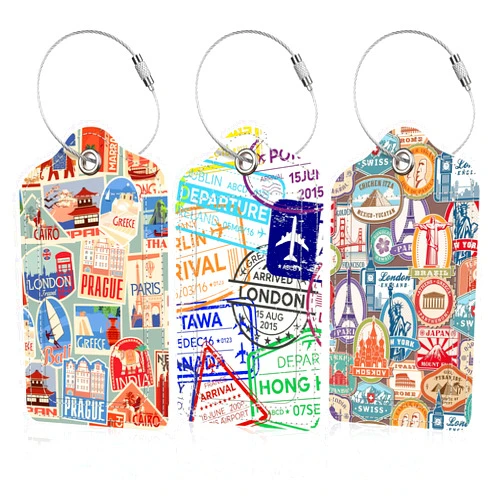 EOBKLAX 3 Pack Travel Stamp Luggage Tags for Suitcases,Travel Retro Labels Leather Baggage Suitcases Tag Name ID Label Privacy Cover Travel Bag Tags for Women Men Boys Girls