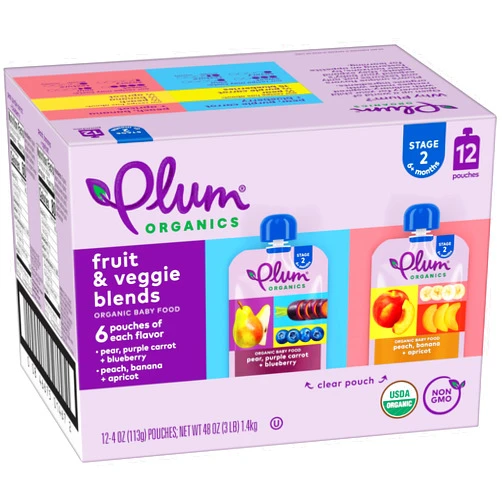 Plum Organics Stage 2 Organic Baby Food - Variety Pack - 4 oz Pouch (Pack of 12) - Fruit and Veggie Baby Food Pouch