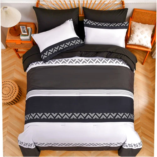 DHSFKBE Stripe Comforter Set Queen Size, 7 Piece Bed in a Bag, Black and White Striped Patchwork Pattern Comforter with Sheets, Soft Microfiber Complete Bedding Set for All Season (Black, 90