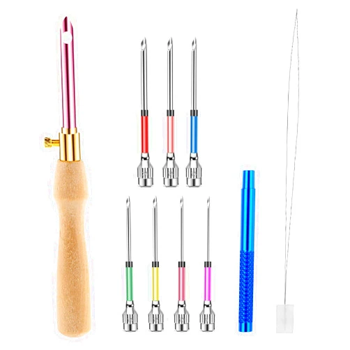 Piriuuo 10 Pcs Punch Needle Kit Adjustable Punch Needle Tool with 7 Sizes Needle Heads Punch Embroidery Kit for Adult Beginners Cross Stitch DIY Crafts