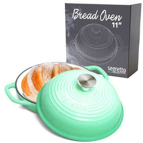 Segretto Cookware Enameled Cast Iron Bread Pan with Lid 11” Green Bread Oven Cast Iron Sourdough Baking Pan, Dutch Oven for Bread, No Seasoning Needed-Segretto Cookware