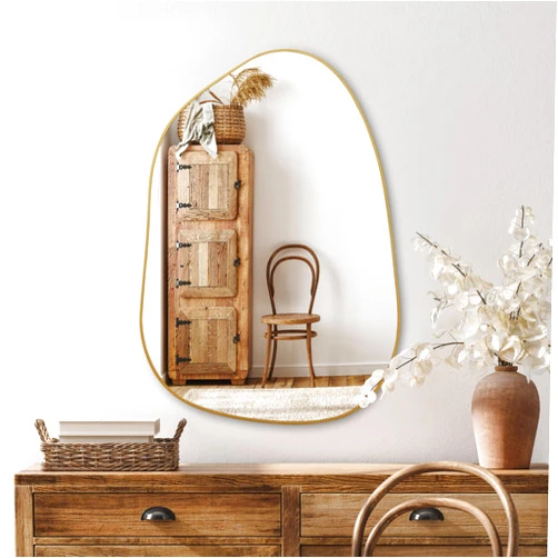 PERFNIQUE Irregular Wall Mirror Asymmetrical Mirror, 28''x20'' Golden Wood Framed Mirror for Bathroom Bedroom Living Room Entryway, Decorative Modern Wall Decor, Wall Mounted Mirror (Gold, 28''x20'')