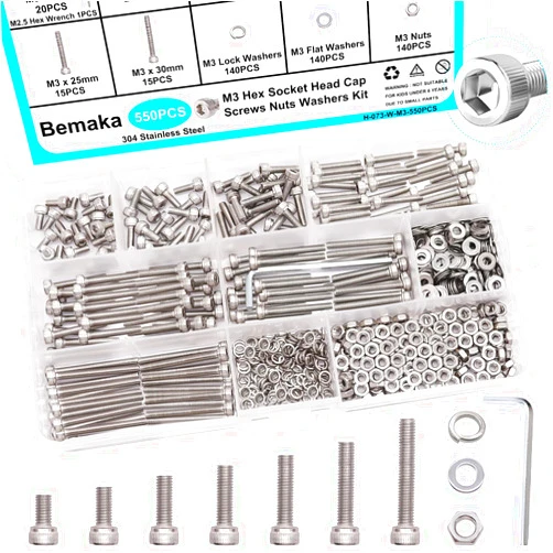 Bemaka 550PCS M3 Screw Kit, M3 x 6/8/12/16/20/25/30mm Hex Socket Head Cap Screws Bolts Nuts Washers Assortment Kit, 304 Stainless Steel M3 Bolts with Hex Wrench