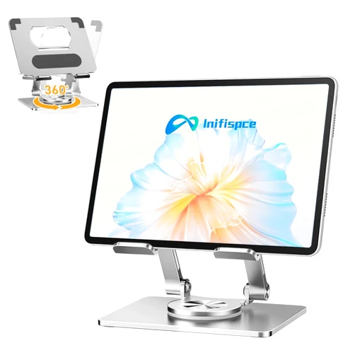 Inifispce iPad Stand for Desk, Tablet Holder with Thickened 360° Rotating Base Dual Rod Adjustable Aluminum Stand for All 4-12.9’’ iPad Surface Samsung Phone Tablet Kindle E-Reader and More, Silver