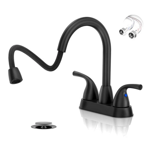 Phiestina Pull Down Sprayer Matte Black Bathroom Faucet，4 Inch Centerset 2 Handle Pull Out Bathroom Sink Faucet with 360 Swivel Spout，Metal Pop-Up Drain and Water Supply Lines，BF04007-B11-MB