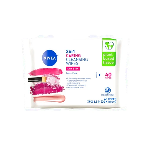 NIVEA 3in1 Caring Cleansing Wipes for Face and Eyes, Effective as a Waterproof Makeup Remover, Gentle Facial Cleanser for Dry and Sensitive Skin, 25 Ct