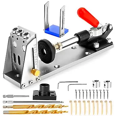 Fragraty Pocket Hole Jig Kit - Adjustable Pocket Screw Jig Heavy Duty Aluminum Alloy Pocket Hole Jigs System for Woodworking, Carpenter Drill Jig for Angled Holes with 3 Drilling Bit Hole Puncher Locator