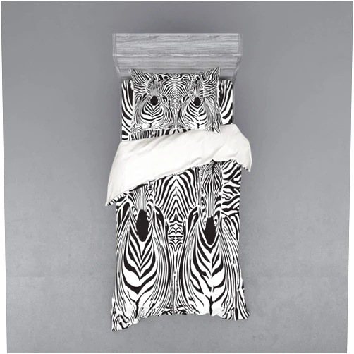 Ambesonne Zebra Print Bedding Set, Illustration Pattern Zebras Skins Background Blended Over Zebra Body Heads, 3 Piece Duvet Cover Set with Sham and Fitted Sheet, Twin Size, Black White