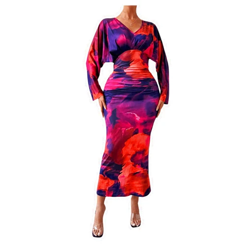 MakeMeChic Women's Tie Dye V Neck Ruched Dresses Dolman Sleeve Bodycon Slim Fitted Long Dress