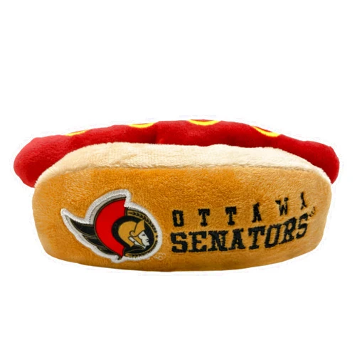 Pets First NHL Ottawa Senators Hot Dog Plush Dog & Cat Squeak Toy - Cutest HOT-DOG SNACK Plush Toy for Dogs & Cats with INNER SQUEAKER & Beautiful Hockey Team Name/Logo