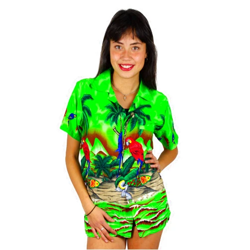 V.H.O. Funky Hawaiian Blouse Women Short-Sleeve Front-Pocket Surf Parrot Multiple Colors