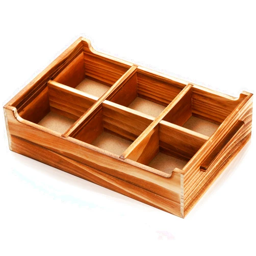 DEAYOU Wood Sugar Packet Organizer, Tea Bag Box Holder with Handle, Wood Tea Bag Chest with 6 Compartment, Countertop Divided Storage Container Caddy Case for Coffee Station, Small Packet, Pine Wood