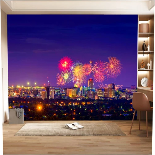 HXQCDH City Building Waterproof Murals, Night Sky Fireworks No Deformation Colorfast Large Mural Wallpaper Living Room Bedroom TV Background Wall Mural,Not Peel and Stick,157.5