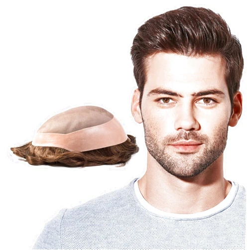 Superhairpieces Men's Hairpieces Toupee's Soft Fine Indian Remy Hair 135% Heavy Density with Mono Silk Top and poly Coating Edge (Very Light Brown)