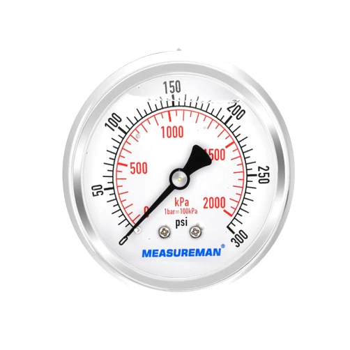 MEASUREMAN 2-1/2 inch Dial Size, Liquid Filled Pressure Gauge, 0-300psi/2000kpa, 304 Stainless Steel Case, 1/4 inch NPT Back Mount
