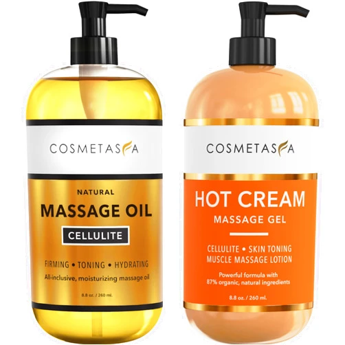 Cosmetasa Cellulite Massage Oil & Hot Cream - 100% Natural Cellulite Oil & Gel, Highly Absorbable, Firm, Tone, Tighten & Moisturize Skin - Soothes Muscles (8.8 Fl Oz Each Bottle)