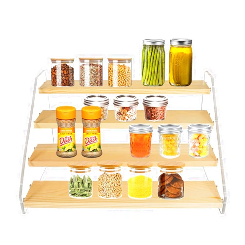 VAEHOLD Spice Rack Organizer for Cabinet & Countertop - Seasoning Organizer Spice Shelf - Space Saving Wooden Display Risers Shelf Showcase Fixtures Jewelry (4 Tier)